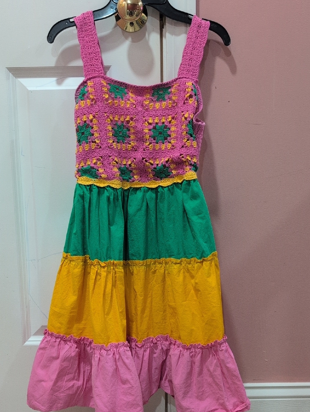 Rare Editions Pink Green Yellow Crochet Bodice Tiered Dress